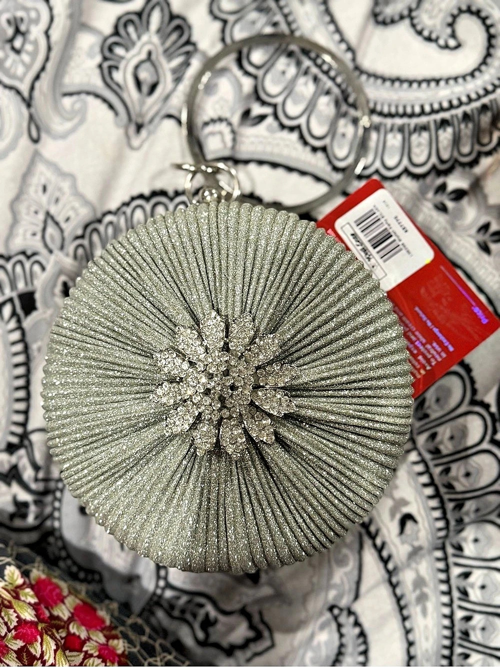Pakistani Rhinestone Flower Clutch w/ Chain Silver Embellished NWT